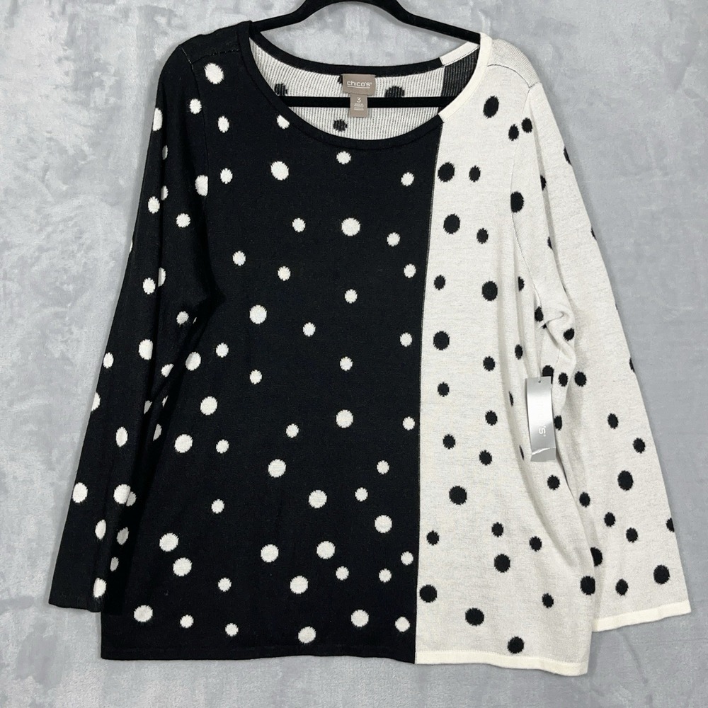 NWT Chicos Colorblock‎ Polka Dot Sweater Black Gray Cashmere Blend 3 (US XL/16)